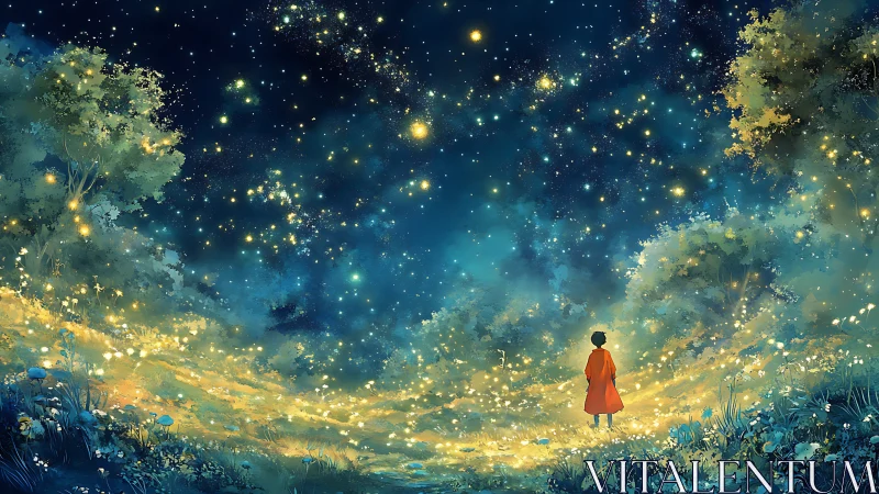 Child in red coat under dense glowing starry forest sky.
