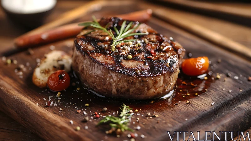Charred steak medallion basking in rustic board glow.
