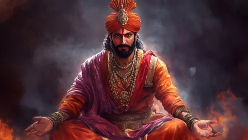 Regal warrior in flame-lit meditation and jeweled splendor.