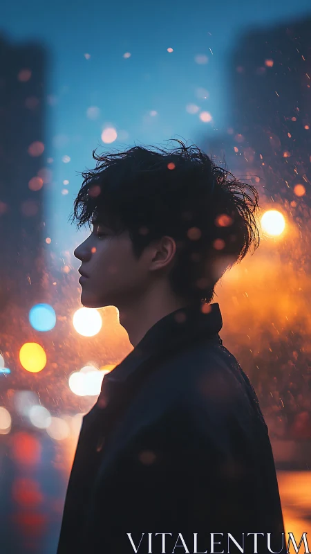 Silhouetted youth contemplates city lights in gentle rain.