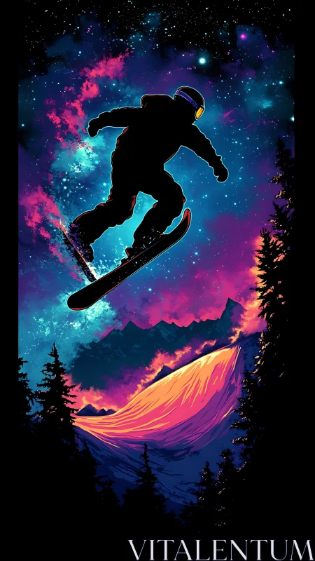 Snowboarder launches above neon peaks under cosmic skies