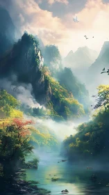 Misty river gorge under towering forested granite peaks