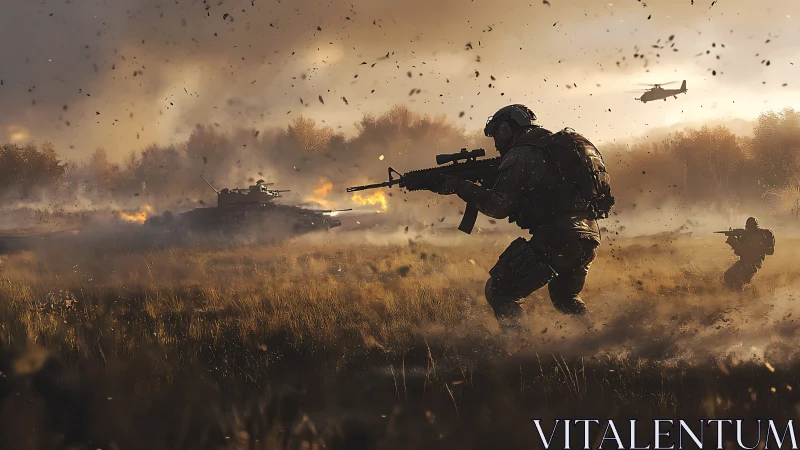 Tactical infantry assault with IFV support in dusk battlefield