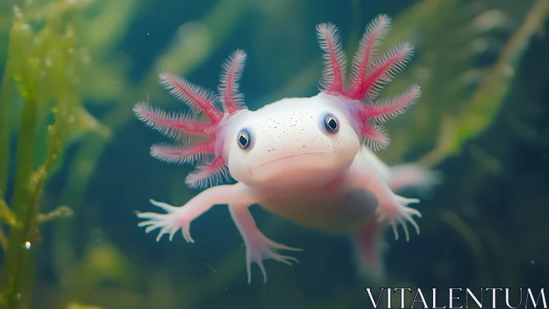 Translucent axolotl with filamentous gills in shallow aquatic habitat