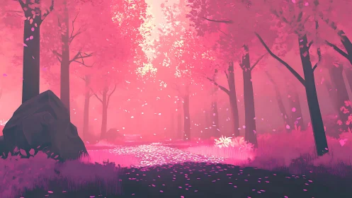 Enchanted Pink Forest Path with Glowing Light.
