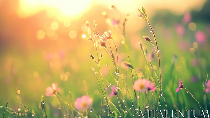 Sunlit wildflowers whisper under dew-kissed morning glow.
