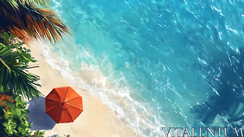 Tropical shoreline with orange beach umbrella and surf.