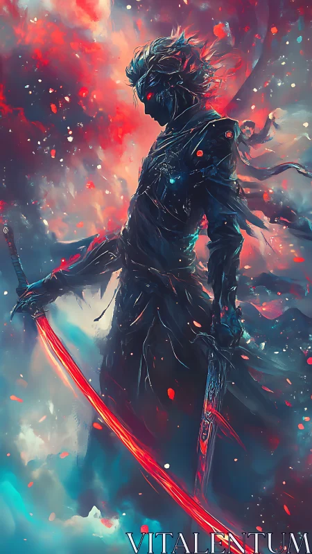 Stormlit blade bearer strides through swirling cosmic embers