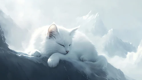 Serene White Cat Rests Atop Misty Mountain Peaks.