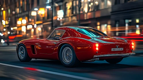 Red classic sports car on city street at night in motion.