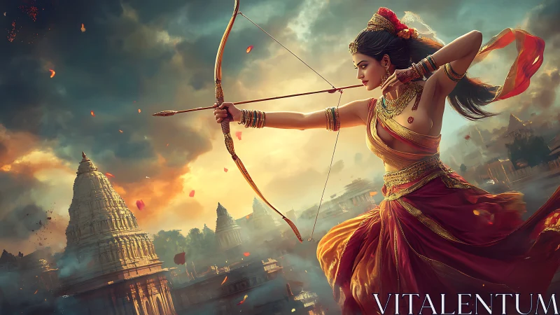 Divine archer goddess ignites the storm-lit temple skyline.