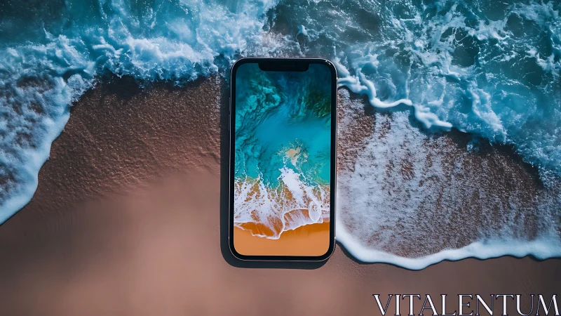 Smartphone screen merges with aerial surf along sandy shore