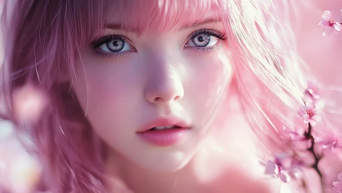 Digital portrait of pink haired girl with blossoms in frame.