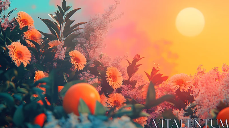 Digital landscape with gerberas and atmospheric light diffusion effects