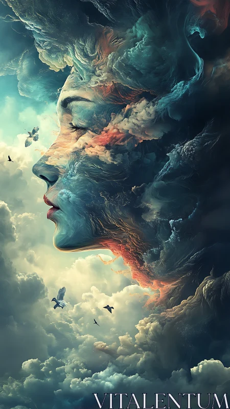Surreal female profile sculpted from turbulent celestial clouds