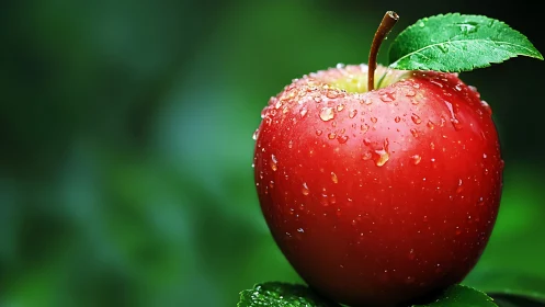 Red apple with water droplets against green background.
