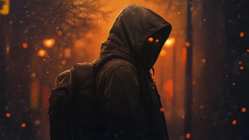 Hooded wanderer walks through a glowing, emberswept night street