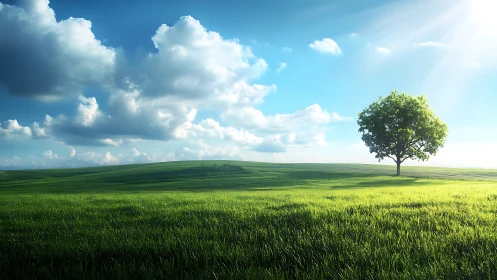 Solitary deciduous tree on sunlit grassland under cumulus sky