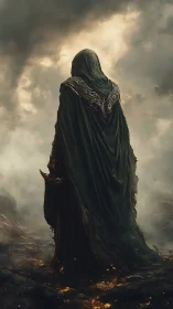 Hooded warlock stands over ember-strewn volcanic wasteland.