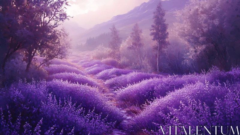 Lavender field landscape under soft light with distant mountains.