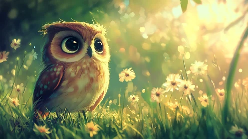 Adorable Cartoon Owl in Sunlit Meadow With Daisies, Soft Fantasy Style.