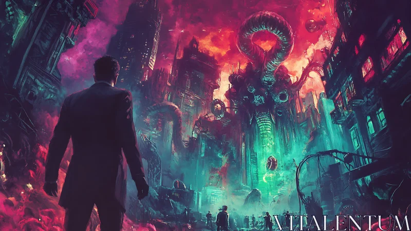 Figure observes biomorphic structure dominating neon cityscape