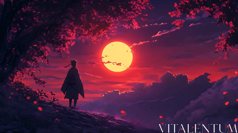 Lone cloaked figure watches crimson sunset above glowing clouds