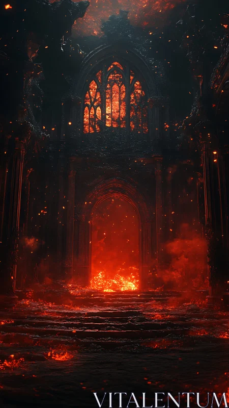 Gothic archway interior with central fiery portal view.