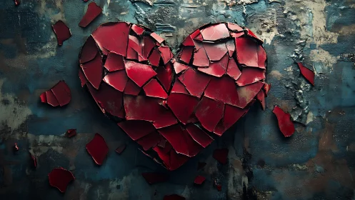 Fractured Red Heart Against Weathered Turquoise Surface.
