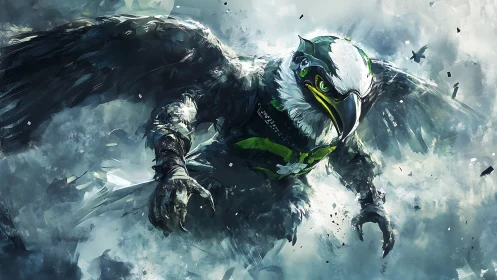 Skyborne cyber hawk charging through stormy digital clouds.