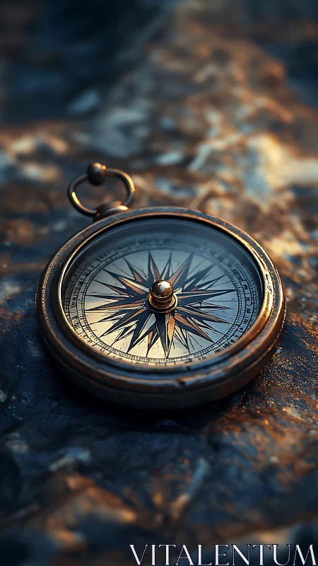 Vintage brass compass on textured rock in warm light.