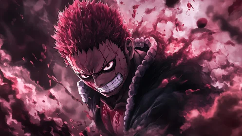 Anime fighter with red aura emerging from swirling smoke