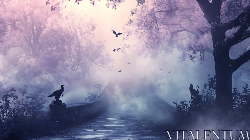 Dreamy misty bridge under soft purple morning light.