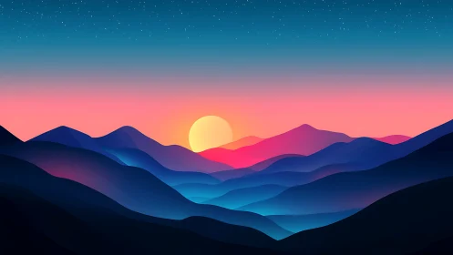 Vibrant gradient mountains under sunrise skyscape.