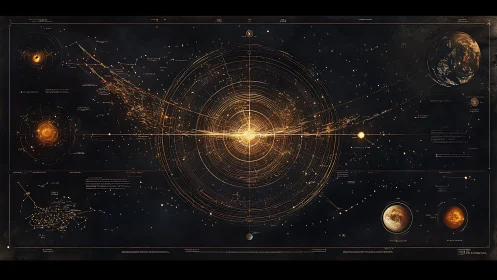 Stellar system blueprint shows radiating golden orbital data.
