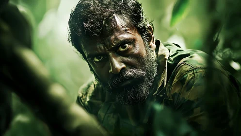 Grizzled tracker locked in jungle glare of raw suspicion.