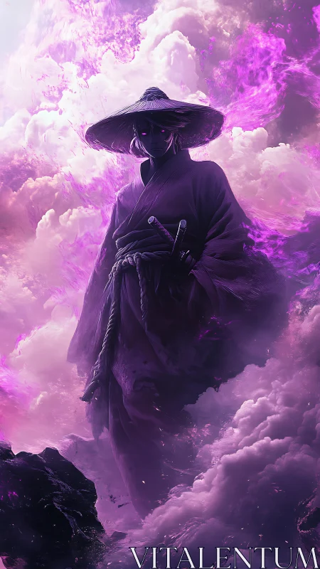 Mystic samurai emerges from swirling violet storm clouds.