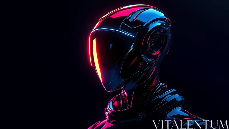 Neon-lit chrome android portrait with glossy reflective helmet.