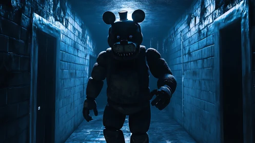 Animatronic bear character advances down dim blue hallway