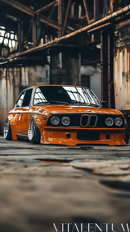 Lowered orange BMW classic in abandoned industrial hall.