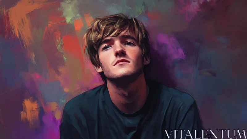 Digital painting portrait with expressive chromatic backdrop.