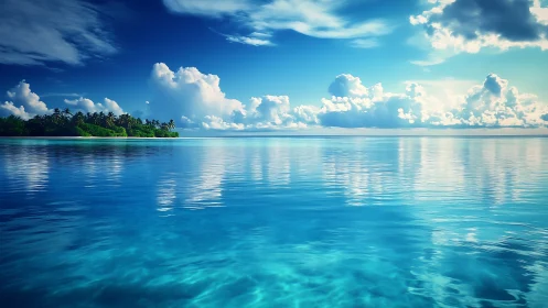 Tropical island shoreline with calm reflective blue ocean.