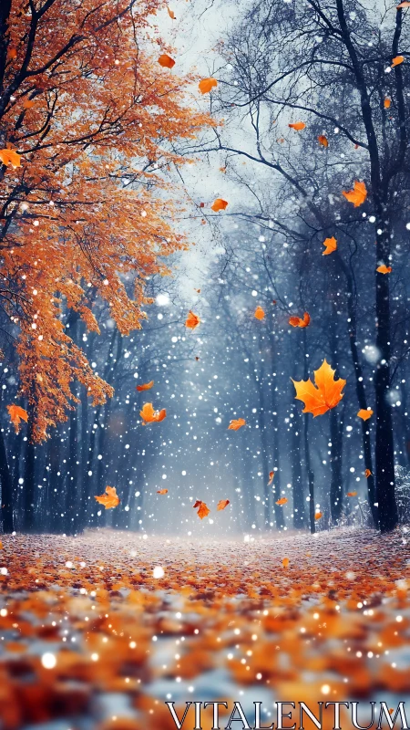 Transitional forest corridor with autumn leaf and snow interplay.