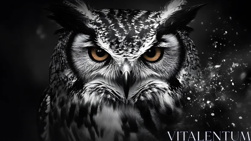 Intense Owl Portrait in Dramatic Black and White Digital Art.