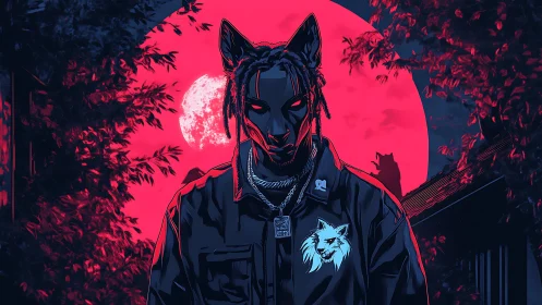 Lupine-masked figure under saturated crimson lunar backlight.