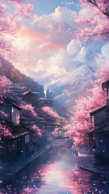 Springtime canal beneath snowcapped mountain clouds at dusk.