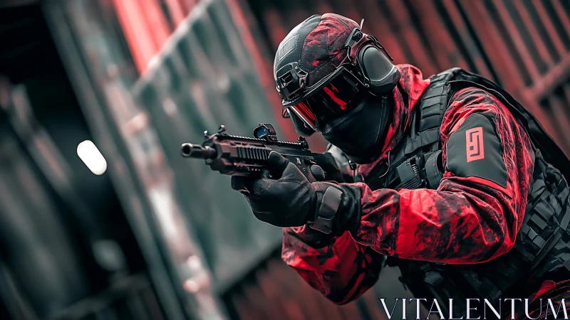 Tactical operator in red camouflage aiming carbine rifle.