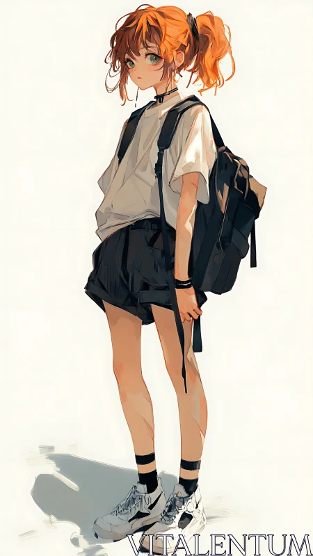 Teen girl in casual outfit stands with backpack and sneakers