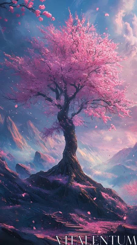 Enchanted Sakura tree crowned by drifting pastel blossoms.