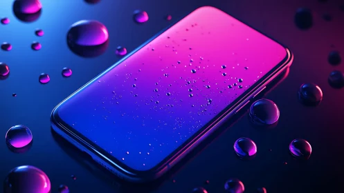 Sleek smartphone glows under neon light with water droplets